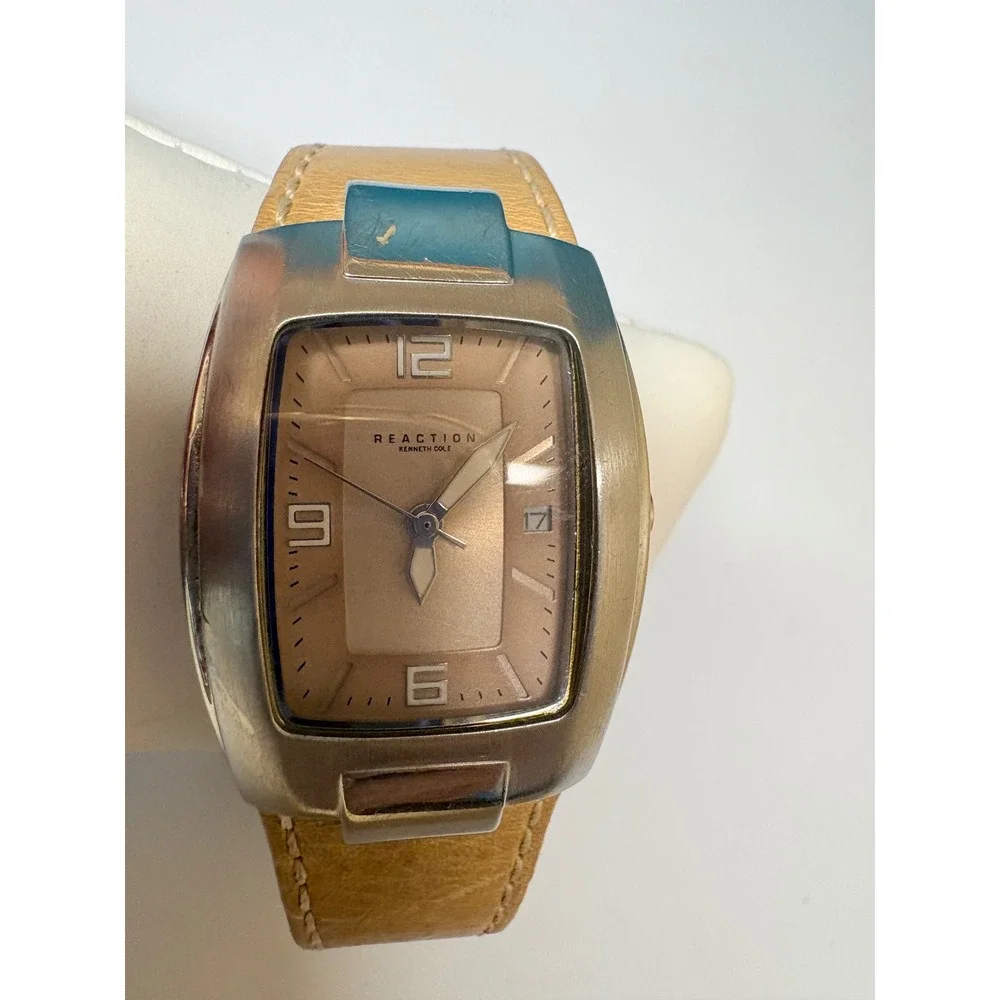 Kenneth Cole Reaction Mens Watch Tan Leather Strap Date Window V29‎ Quartz